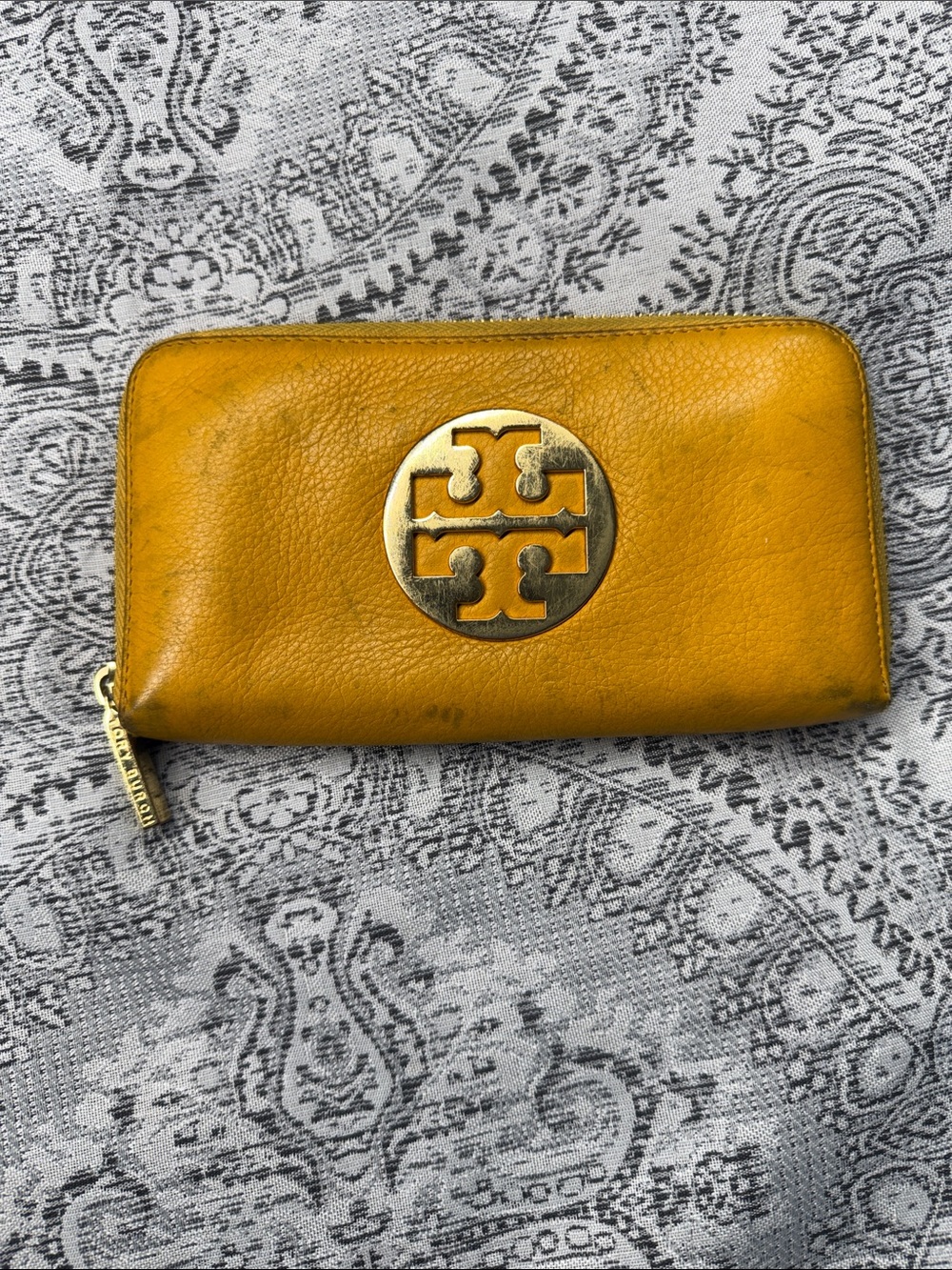 Tory Burch Mustard Yellow Leather Zip-Around Wallet with Logo Medallion